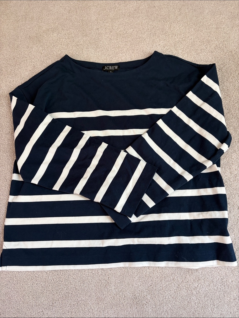 J. Crew Navy and White Striped Boatneck Top
